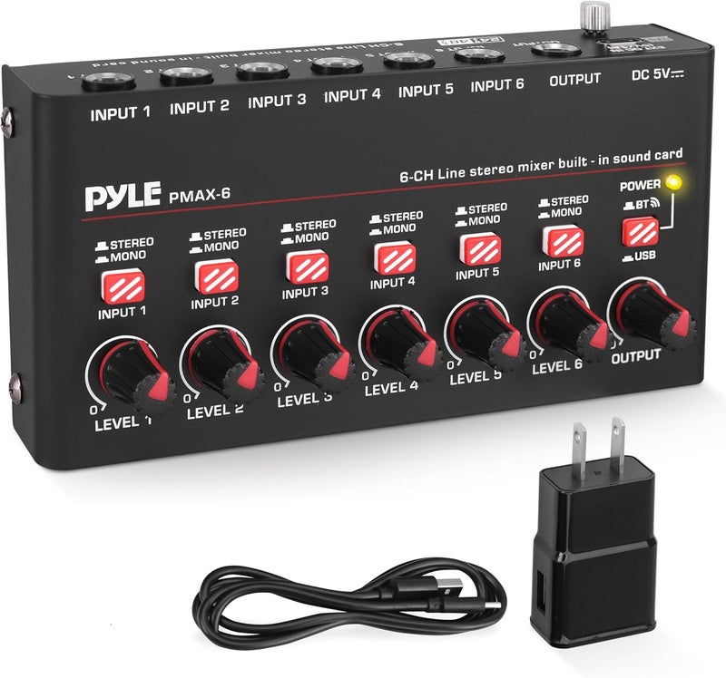 Pyle 6-Channel Wireless BT Streaming Mini Line Mixer with USB Audio Interface - 6 Mono/Stereo Switching Inputs | Ultra-low Noise Design with High Headroom | Built-in USB Sound Card - PMAX6 - Image 1